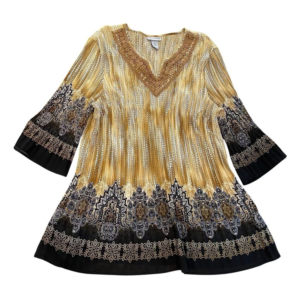 Catherines Accordion Pleat Bell Sleeve Tunic Top Blouse Size 1X Crochet Neckline